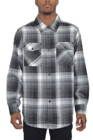 Regular Fit Checker Plaid Flannel Long Sleeve (Color: BLACK GREY, size: L)