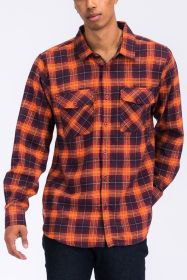 Regular Fit Checker Plaid Flannel Long Sleeve (Color: ORANGE NAVY, size: S)
