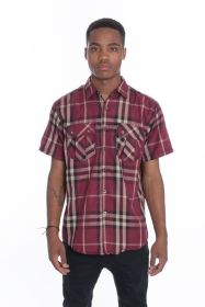 Weiv Men's Casual Short Sleeve Checker Shirts (Color: Burgundy, size: L)