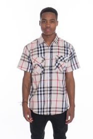 Weiv Men's Casual Short Sleeve Checker Shirts (Color: Beige, size: 2XL)