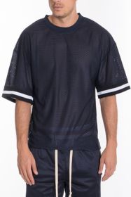 MESH SLEEVE TAPE ATHLETIC TSHIRT (Color: NAVY, size: L)