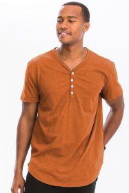 SHORT SLEEVE 4 BUTTON HENLEY SHIRT (Color: ORANGE, size: M)