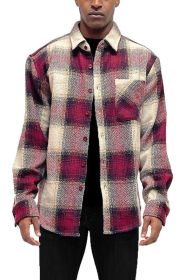 Flannel Shirt Jacket Checkered Plaid Shacket (Color: Burgundy, size: 2XL)