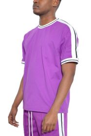 Striped Tape Short Sleeve T-shirt (Color: Purple, size: L)