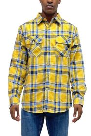 LONG SLEEVE FLANNEL FULL PLAID CHECKERED SHIRT (Color: YELLOW SKY, size: XL)