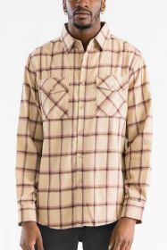 LONG SLEEVE FLANNEL FULL PLAID CHECKERED SHIRT (Color: KHAKI PINK, size: S)
