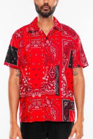 Mens Collared Print Button Down (Color: RED BLACK, size: XL)