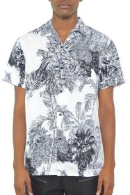 MENS WHITE BLACK PRINT BUTTON DOWN SHIRT (Color: White, size: L)