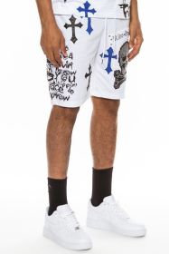 Weiv Mens Chrome Cross Skull Shorts (Color: WHITE BLUE, size: S)