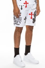 Weiv Mens Chrome Cross Skull Shorts (Color: WHITE RED, size: S)