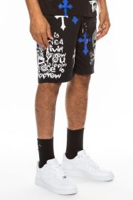 Weiv Mens Chrome Cross Skull Shorts (Color: BLACK BLUE, size: 3XL)