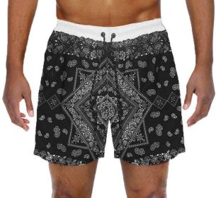 Paisley Bandana Print Swimming Shorts (Color: Black, size: 3XL)