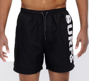 Solid Lined Beach Swim Text Swim Shorts (Color: Black, size: S)